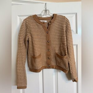 LOFT Tan and White Woven Crewneck Button Up Cardigan S